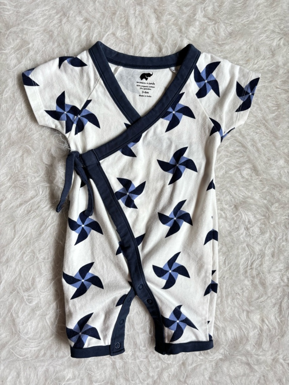 Monica + Andy Organic Cotton Baby White & Navy Pinwheel Wrap Romper